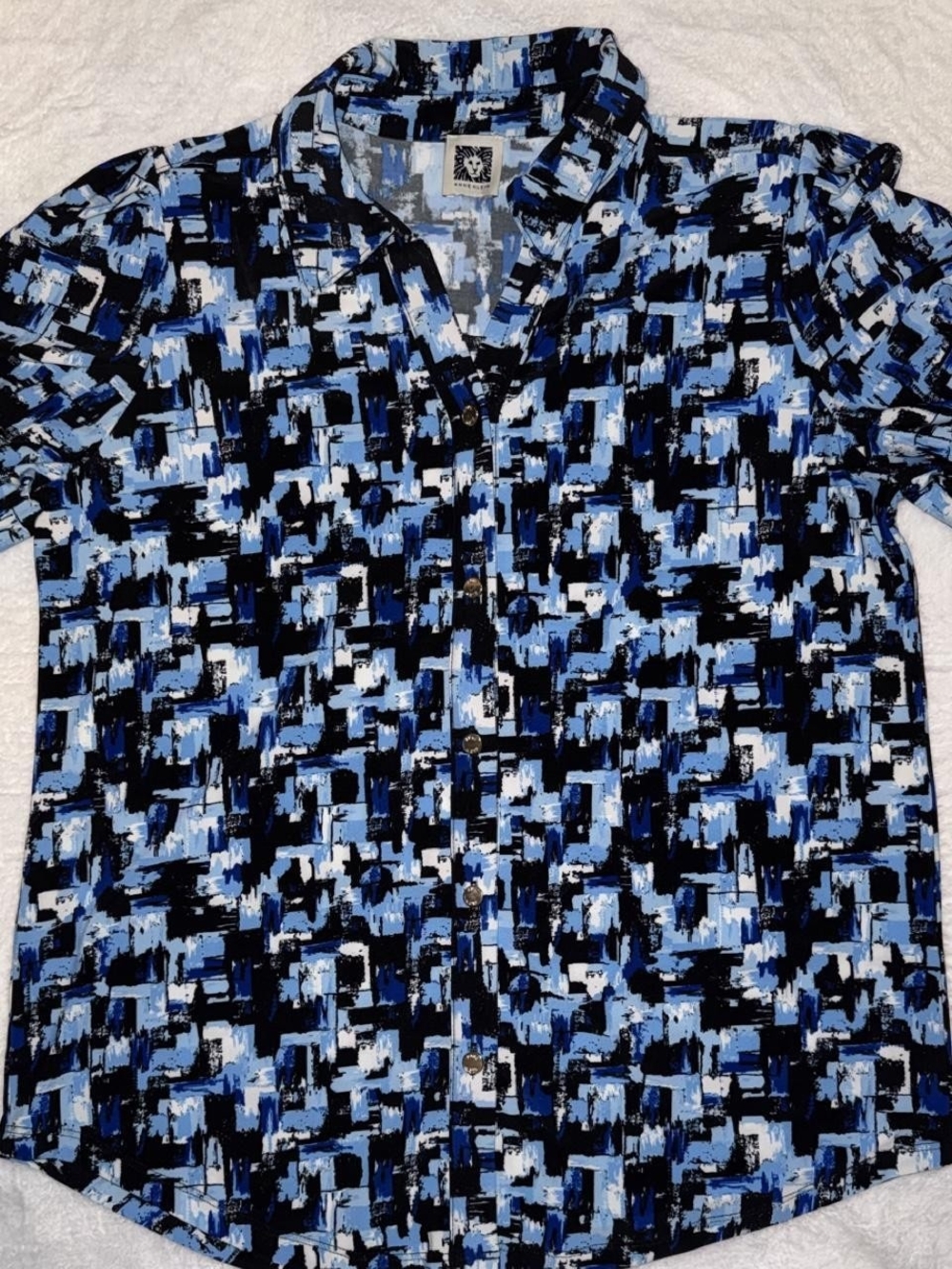Anne Klein Blue, Black and White Abstract Short Sleeve Button-Up